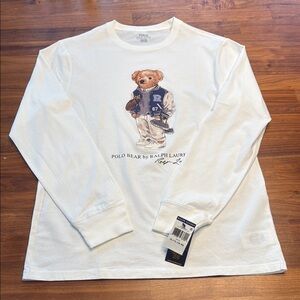 Ralph Lauren White Long Sleeve Polo Bear Shirt - YXL